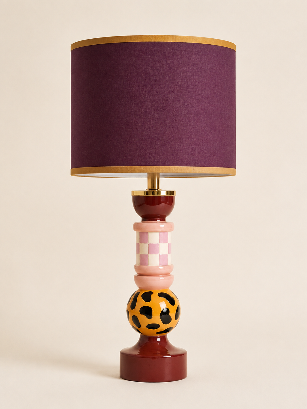 Casa Léopard Plum Gold oplaadbare tafellamp met paarse lampenkap en goudkleurige bies