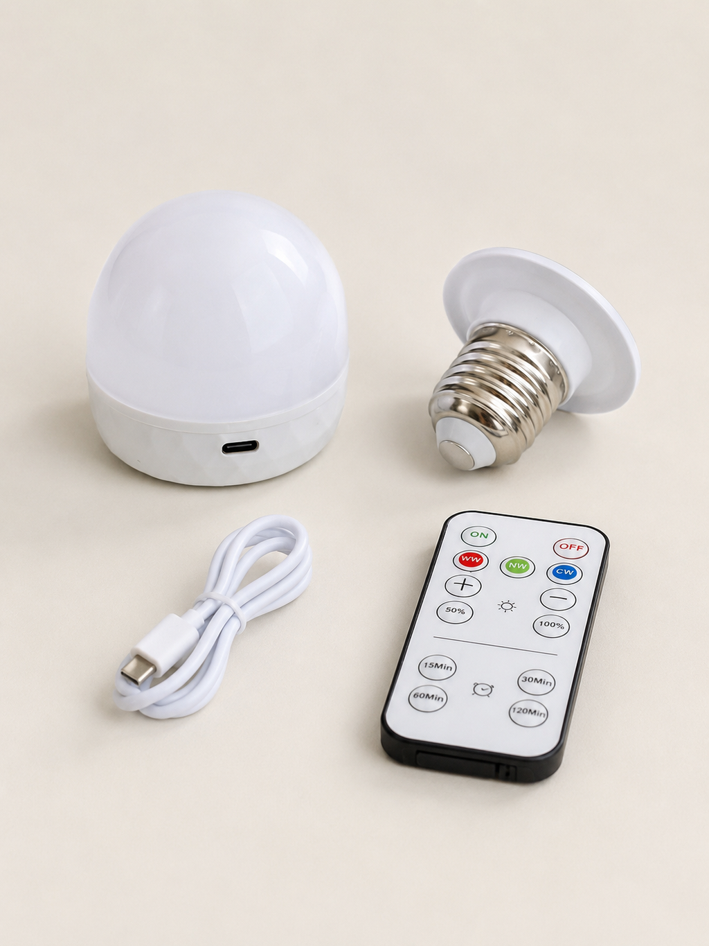 Oplaadbare lichtunit met fittingadapter, USB-kabel en afstandsbediening