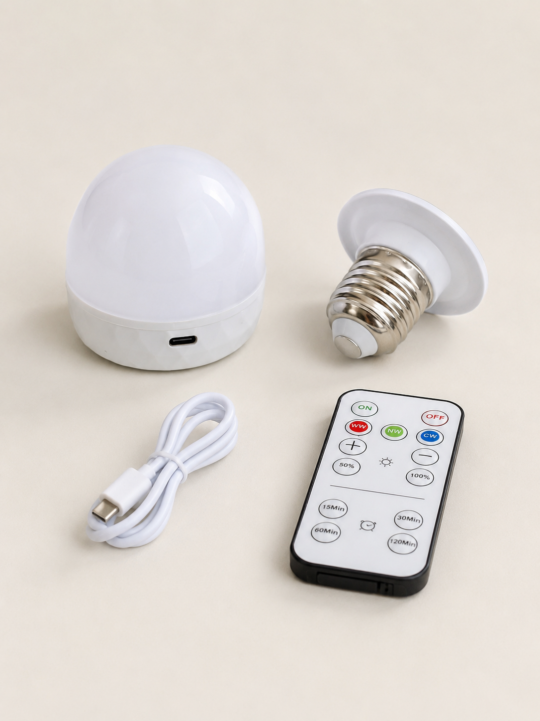 Oplaadbare lichtunit met fittingadapter, USB-kabel en afstandsbediening