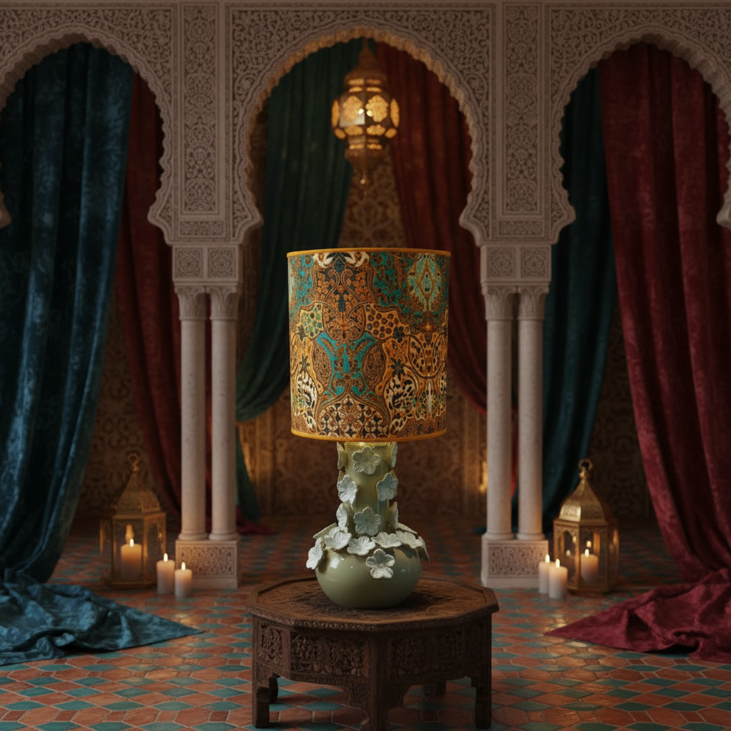 Handgemaakte tafellamp Marrakech Oasis met groene keramieken voet en luxe lampenkap in oker, turquoise en bruin van Studio Margareth.