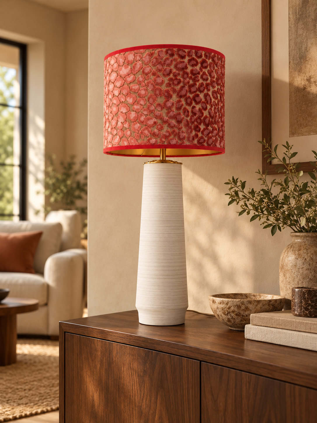 Coral Leopard White complete lamp op houten dressoir in warm beige interieur